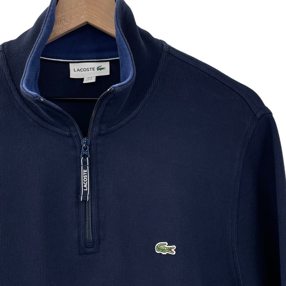 Lacoste Half Zip Pullover Sweatshirt Croc Logo Pockets Heavy Knit Navy Blue | XL - Picture 4 of 10